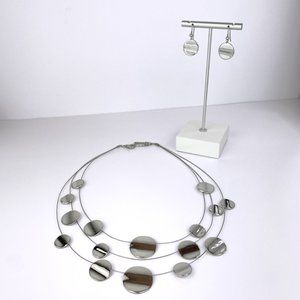 Necklace and Ear Set, Silver Tone, 3 Strand Illusion, Flat Bead, 16"-20"